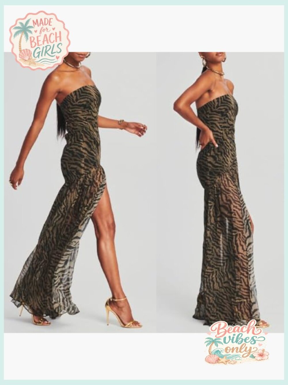 Strapless Tube Top Maxi Dress Sheer Mesh Patchwork High Slit Long Dresses - Picture 2 of 7